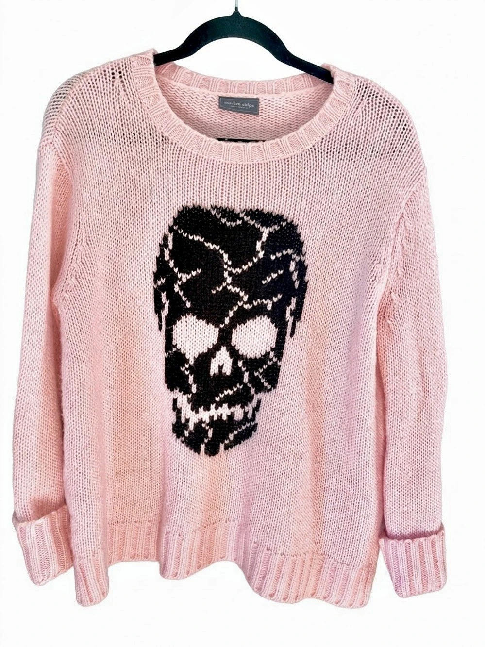 Wooden Ships Fall Skull Printed Distressed Crew Pink & Black Sweater Halloween M